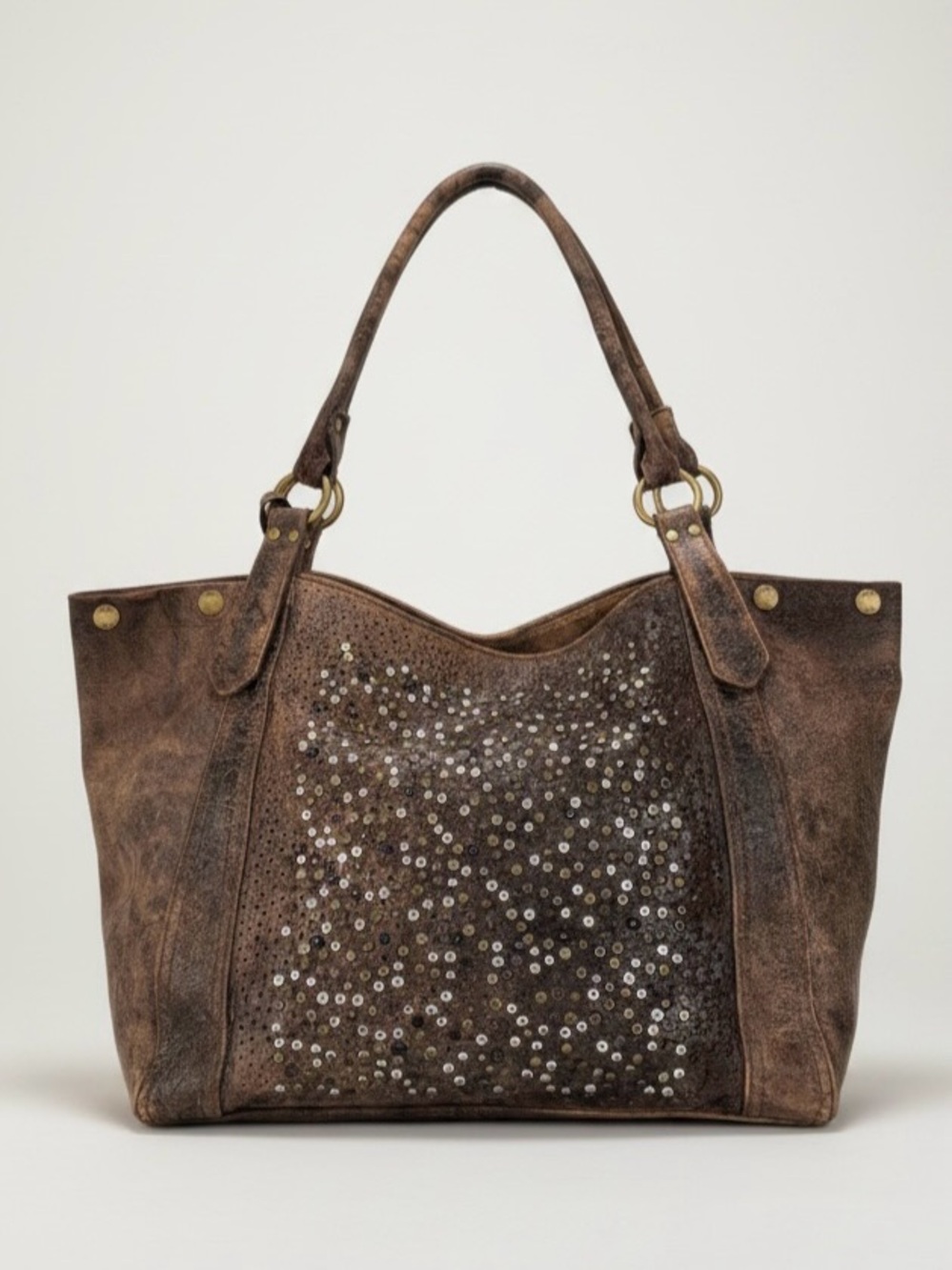 Frye Deborah Studded Distressed Brown Leather Tote Bag